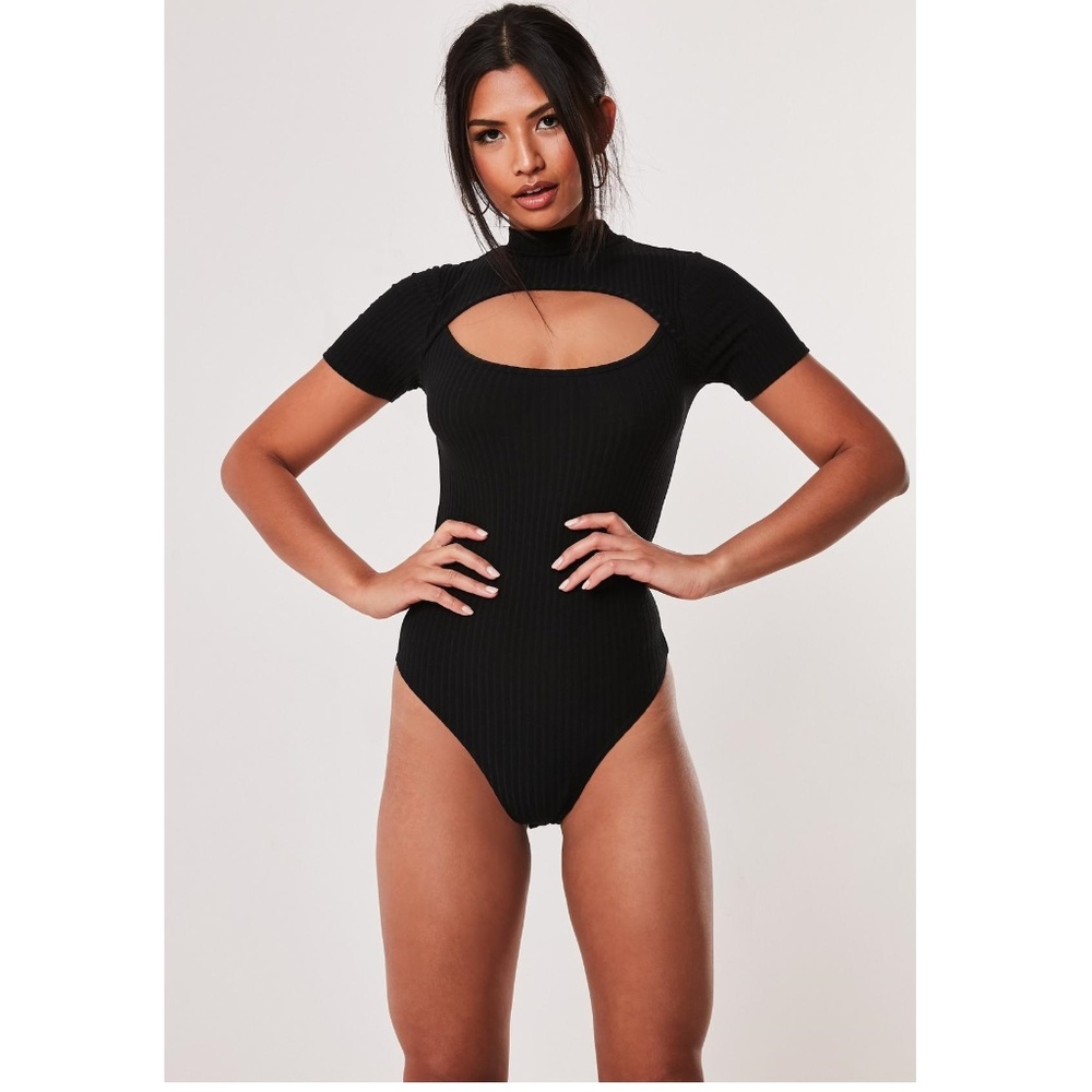 Misguided black ribbed high neck cut out bodysuit